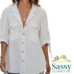 ✨ Free People White Button Front Top Large Tie Sleeve Coastal Cottage EUC 🦢